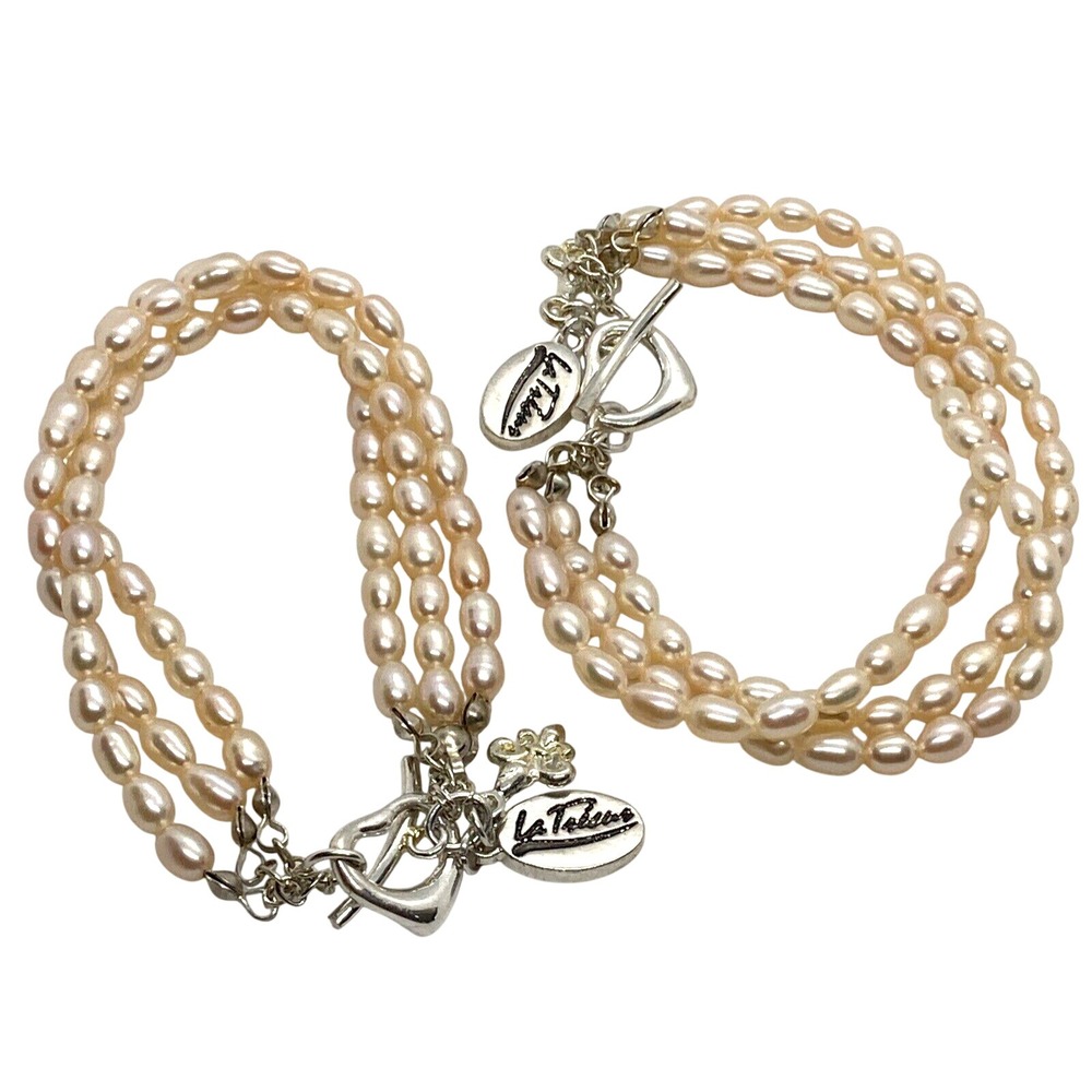 La Trisur Freshwater Pearl 3 Strand Bracelet Lot of (2) - 8'' Toggle Silver Tone